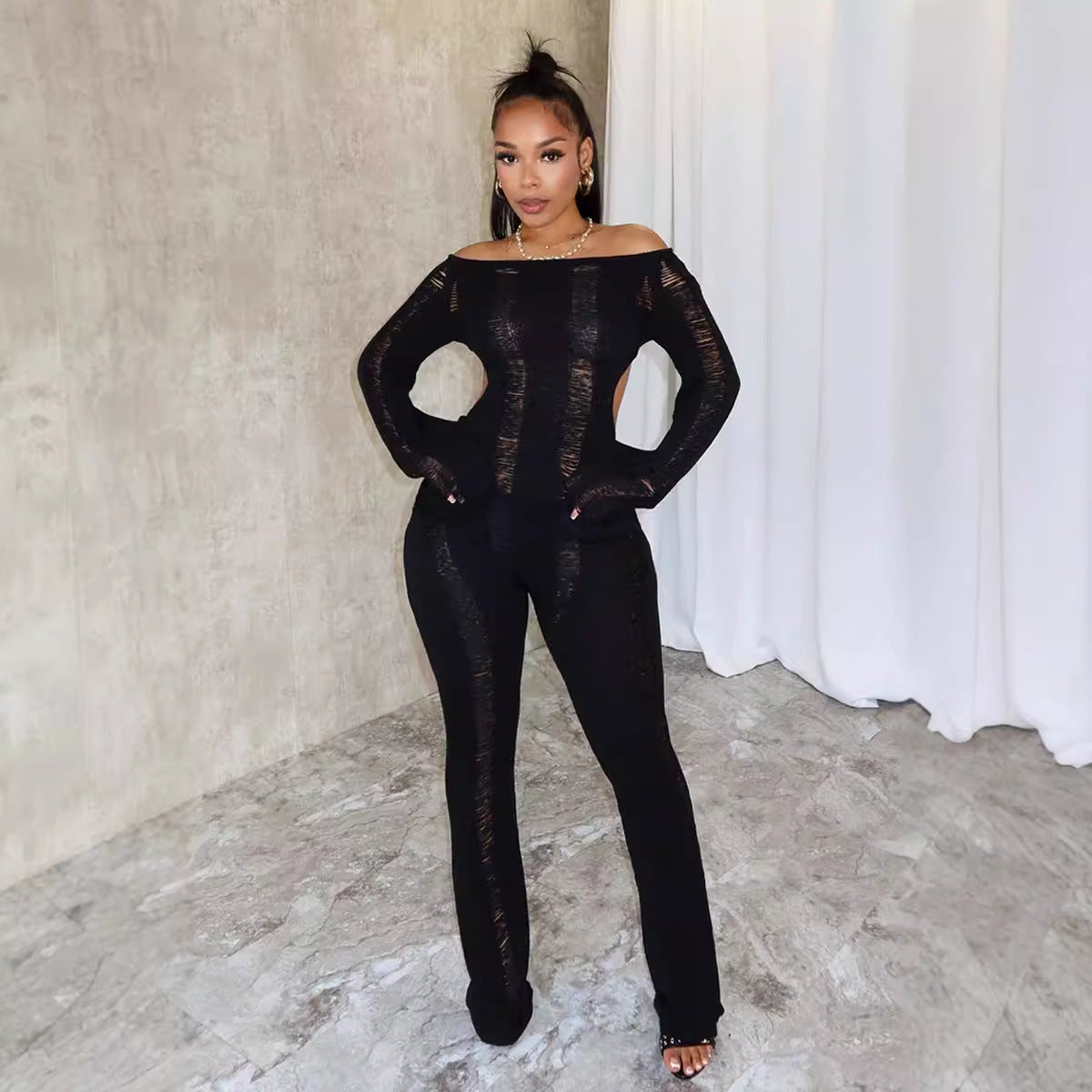 LADIES LONG SLEEVE JUMPSUIT BLACK / WHITE (SIZE XS - 2XL)
