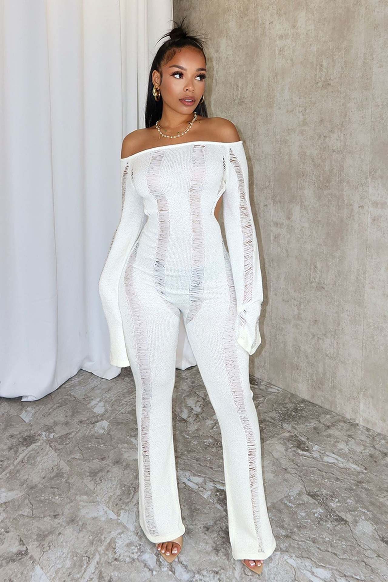 LADIES LONG SLEEVE JUMPSUIT BLACK / WHITE (SIZE XS - 2XL)