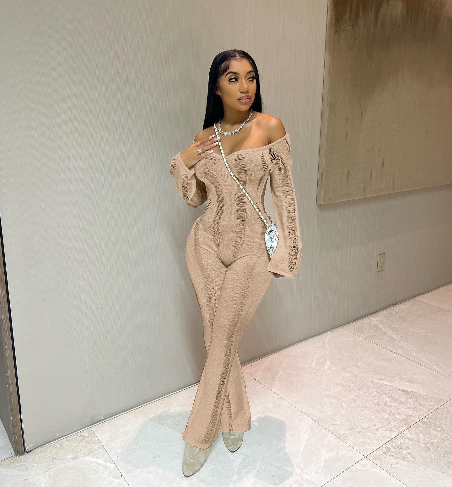 LADIES LONG SLEEVE JUMPSUIT PINK / APRICOT-BEIGE (SIZE XS - 2XL)