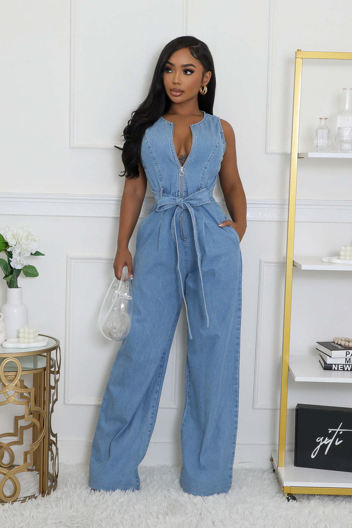LADIES LOOSE DENIM JUMPSUIT WITH ELASTIC WAIST BLUE DENIM (SIZE S - 2XL)
