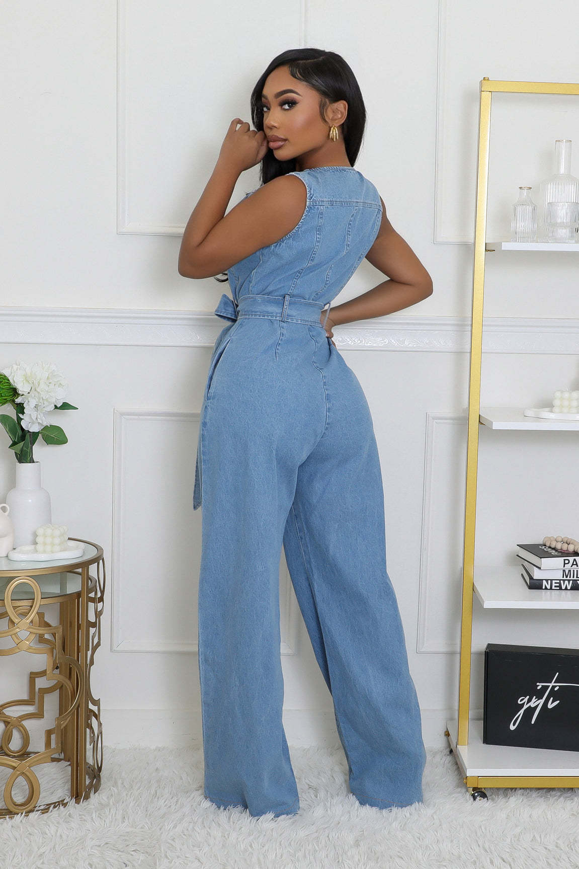 LADIES LOOSE DENIM JUMPSUIT WITH ELASTIC WAIST BLUE DENIM (SIZE S - 2XL)