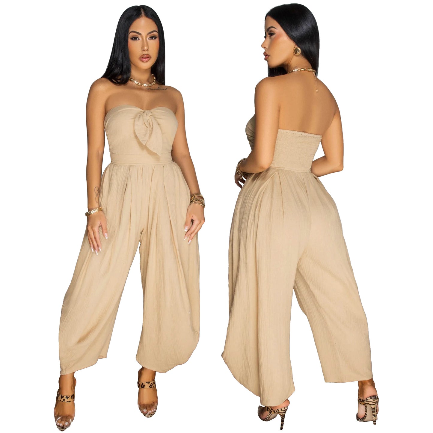 LADIES STRAPLESS JUMPSUIT APRICOT-BEIGE / BLACK / GREEN (SIZE S - 2XL)