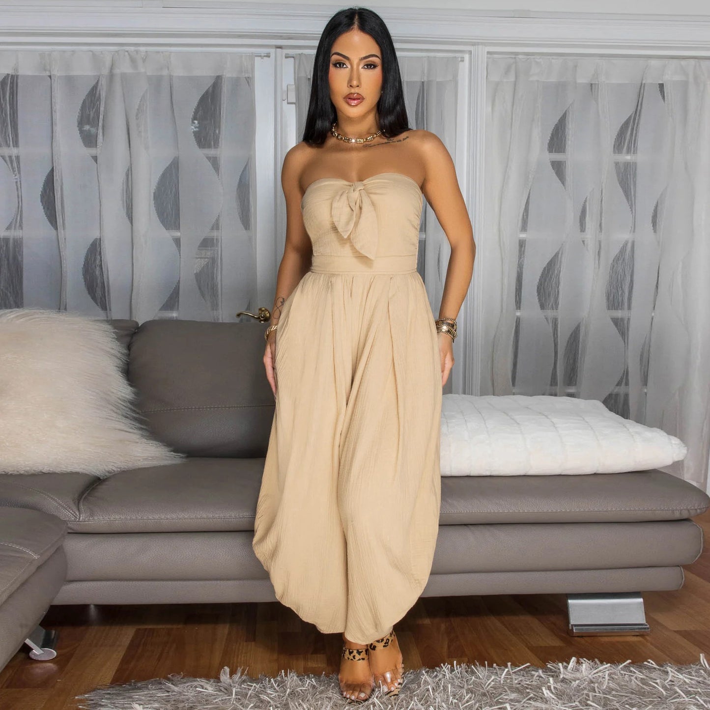 LADIES STRAPLESS JUMPSUIT APRICOT-BEIGE / BLACK / GREEN (SIZE S - 2XL)