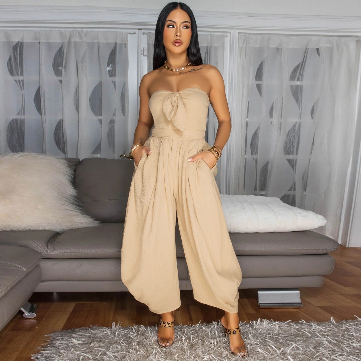 LADIES STRAPLESS JUMPSUIT APRICOT-BEIGE / BLACK / GREEN (SIZE S - 2XL)