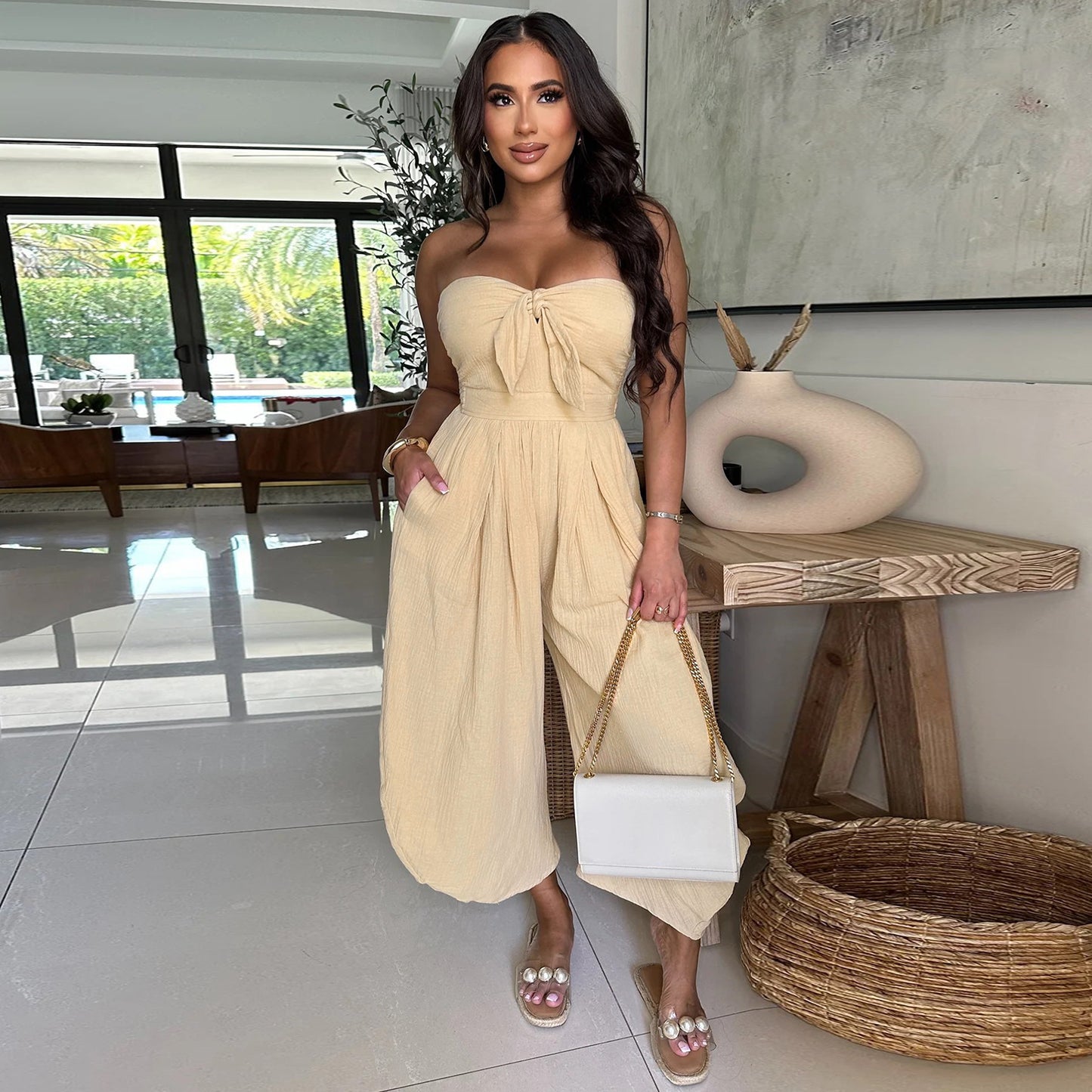 LADIES STRAPLESS JUMPSUIT APRICOT-BEIGE / BLACK / GREEN (SIZE S - 2XL)