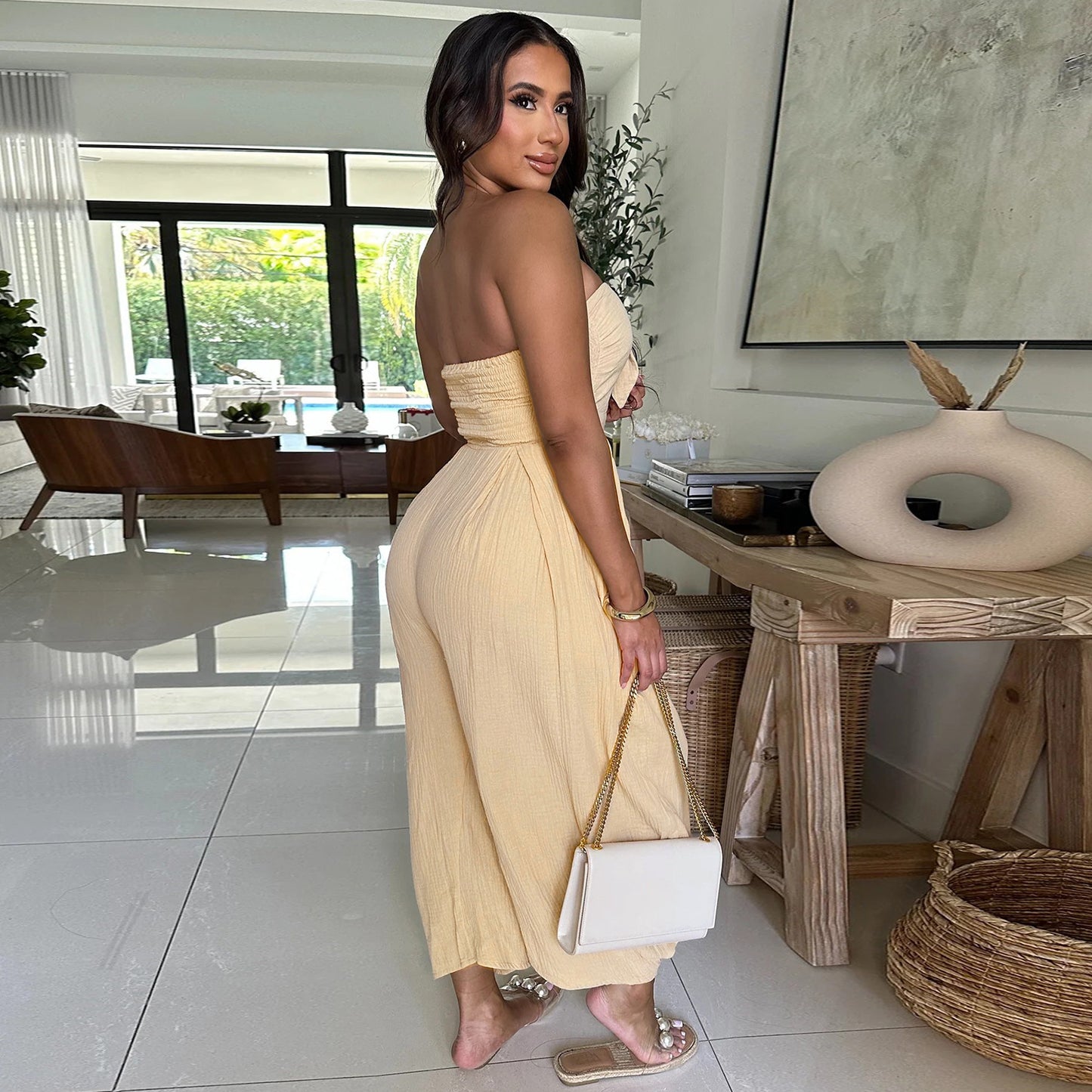 LADIES STRAPLESS JUMPSUIT APRICOT-BEIGE / BLACK / GREEN (SIZE S - 2XL)