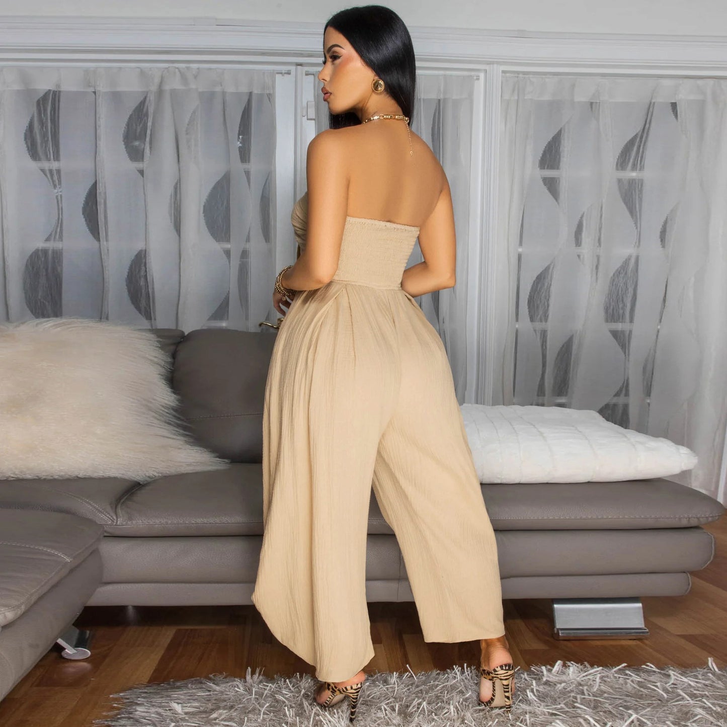 LADIES STRAPLESS JUMPSUIT APRICOT-BEIGE / BLACK / GREEN (SIZE S - 2XL)