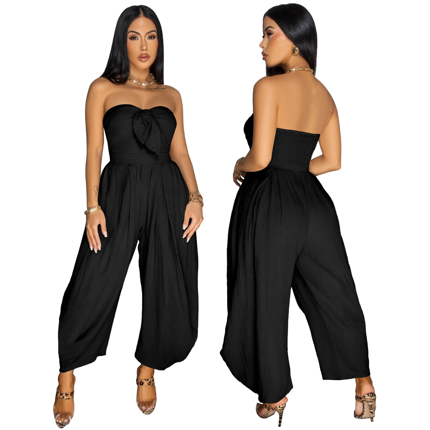 LADIES STRAPLESS JUMPSUIT APRICOT-BEIGE / BLACK / GREEN (SIZE S - 2XL)