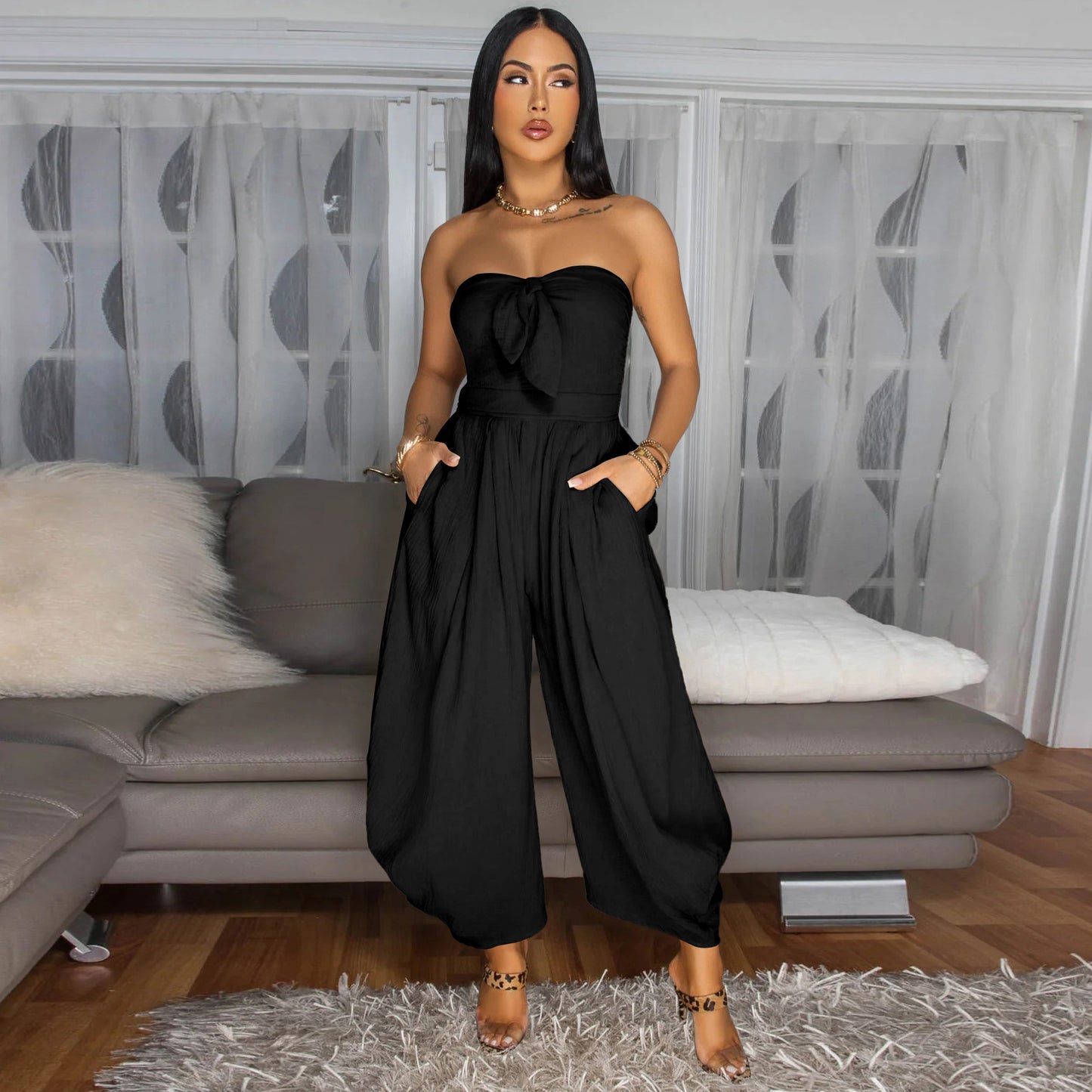 LADIES STRAPLESS JUMPSUIT APRICOT-BEIGE / BLACK / GREEN (SIZE S - 2XL)