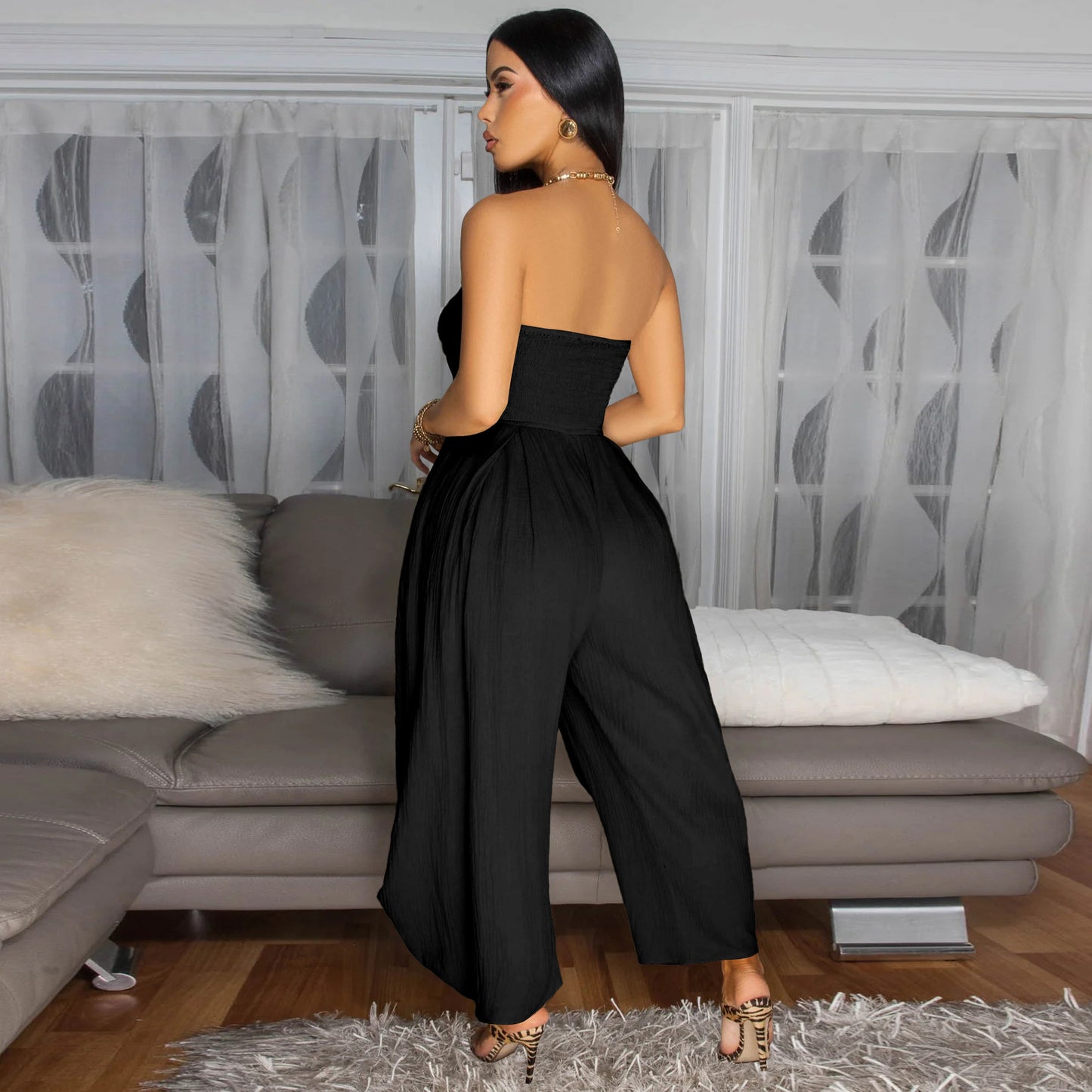 LADIES STRAPLESS JUMPSUIT APRICOT-BEIGE / BLACK / GREEN (SIZE S - 2XL)