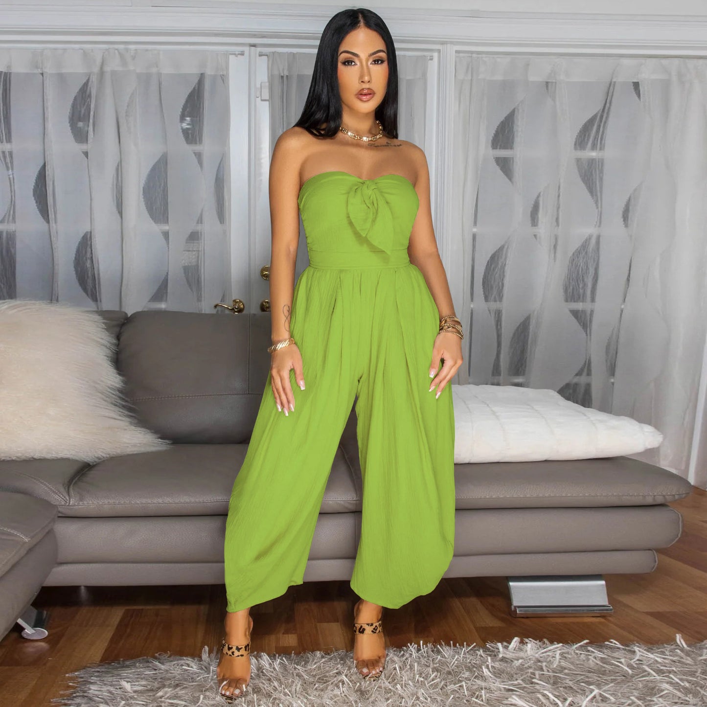 LADIES STRAPLESS JUMPSUIT APRICOT-BEIGE / BLACK / GREEN (SIZE S - 2XL)