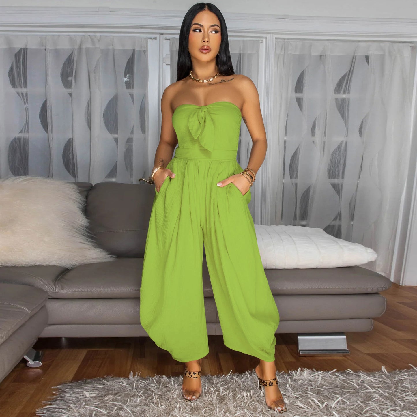 LADIES STRAPLESS JUMPSUIT APRICOT-BEIGE / BLACK / GREEN (SIZE S - 2XL)