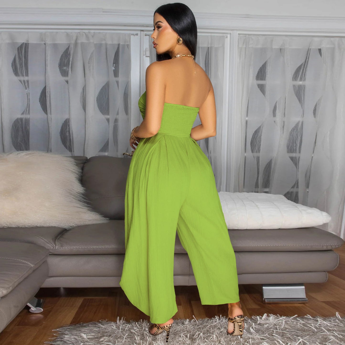 LADIES STRAPLESS JUMPSUIT APRICOT-BEIGE / BLACK / GREEN (SIZE S - 2XL)