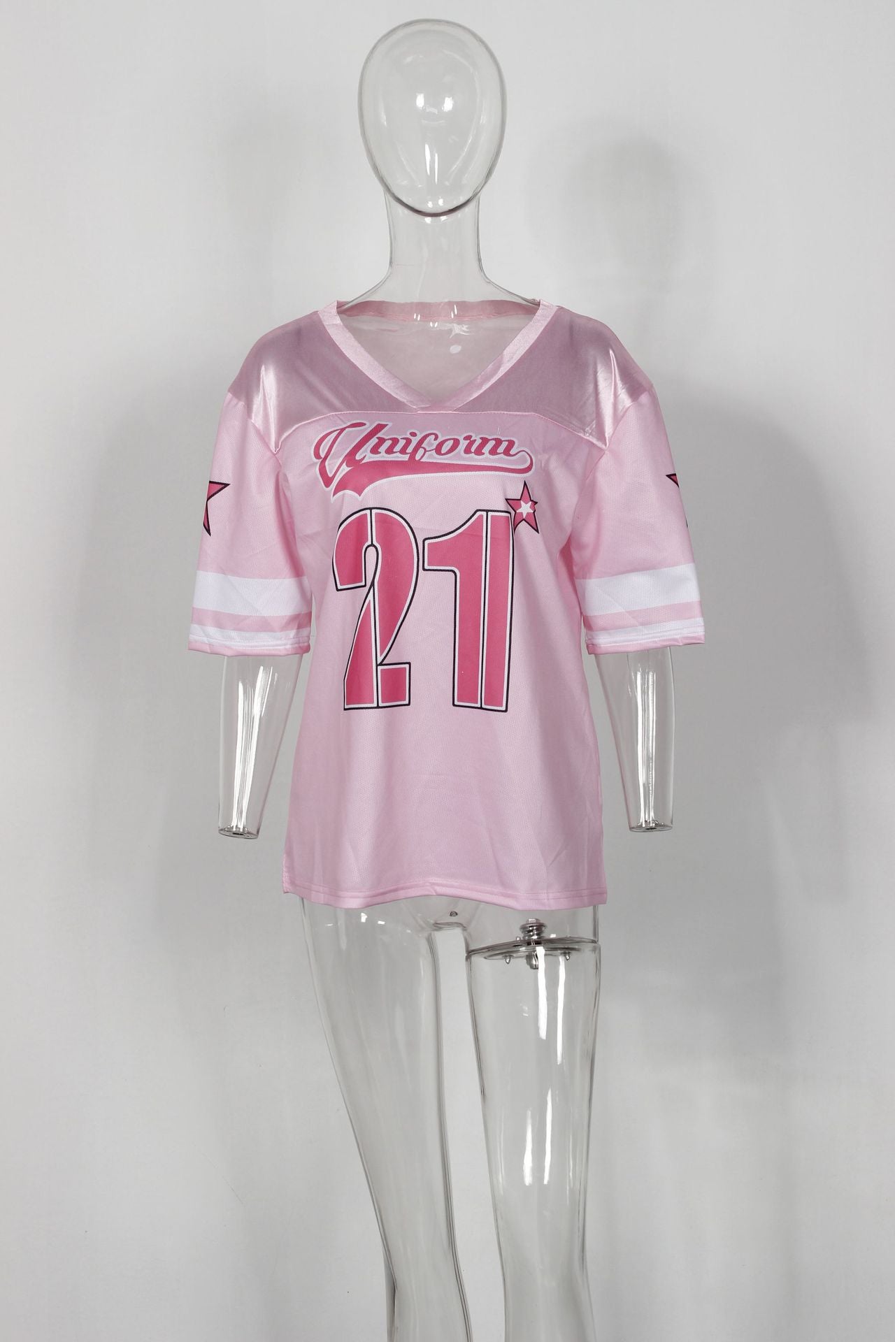 LADIES LOOSE CASUAL V-NECK T-SHIRT PINK (SIZE S - L)