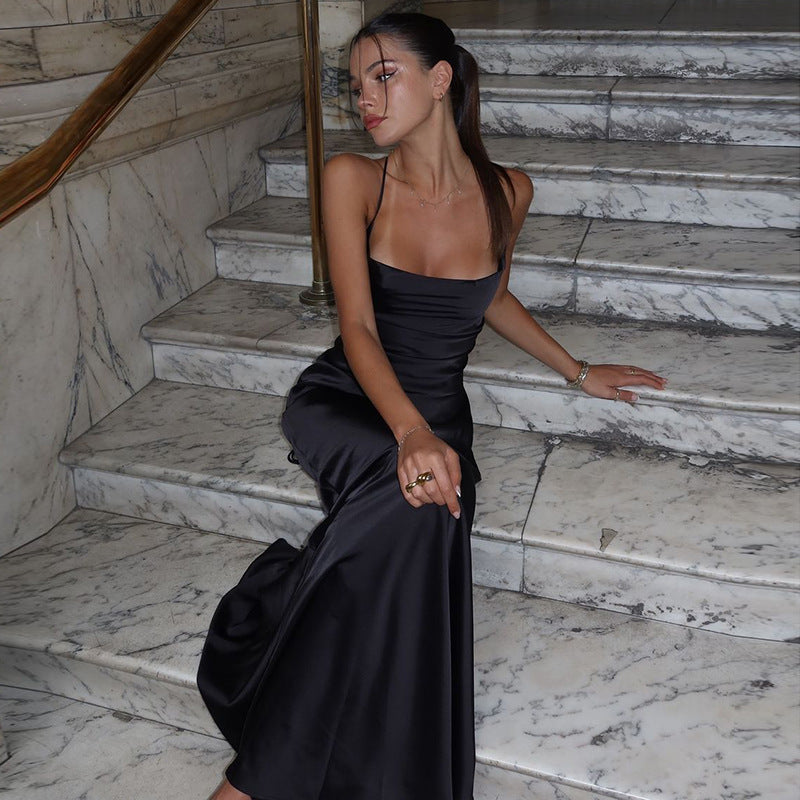 LADIES SATIN LOW BACK LACE UP LONG DRESS BLACK (SIZE S - L)