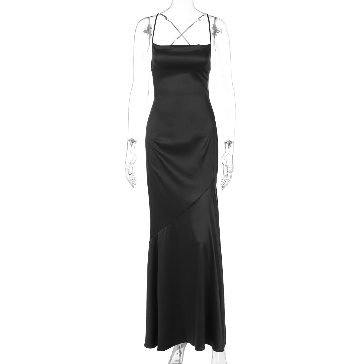 LADIES SATIN LOW BACK LACE UP LONG DRESS BLACK (SIZE S - L)