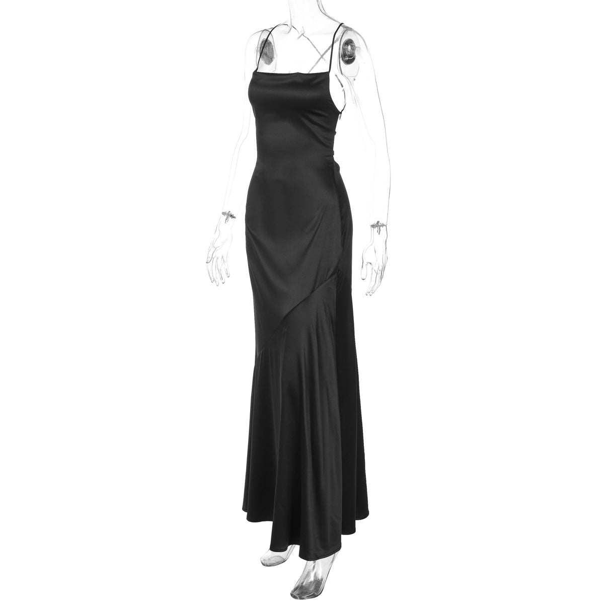 LADIES SATIN LOW BACK LACE UP LONG DRESS BLACK (SIZE S - L)