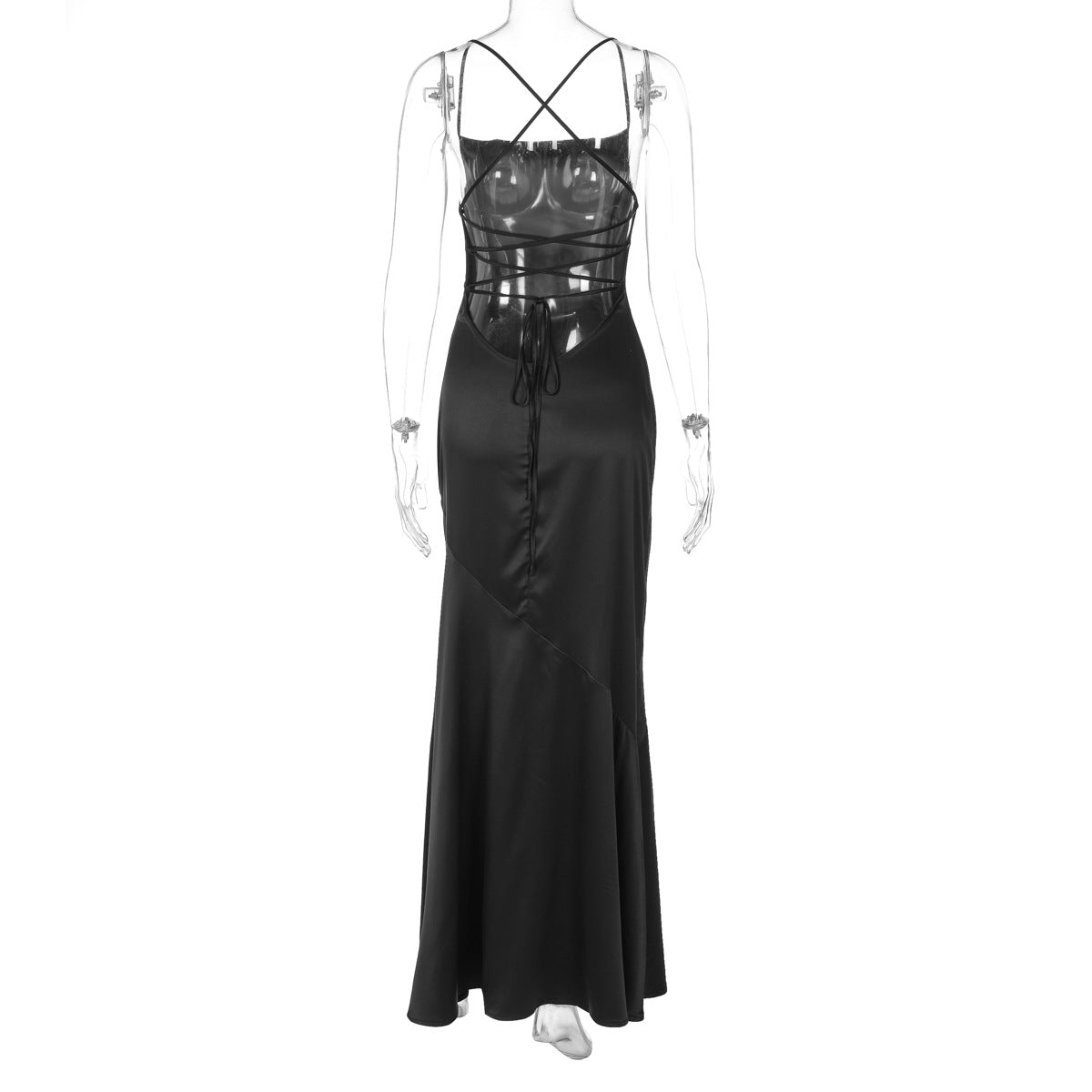 LADIES SATIN LOW BACK LACE UP LONG DRESS BLACK (SIZE S - L)