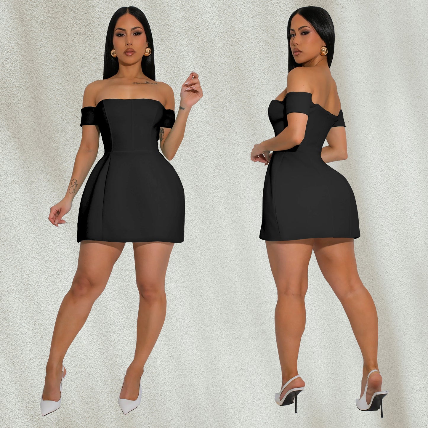 LADIES OFF THE SHOULDER MINI DRESS BLACK (SIZE S - 2XL)