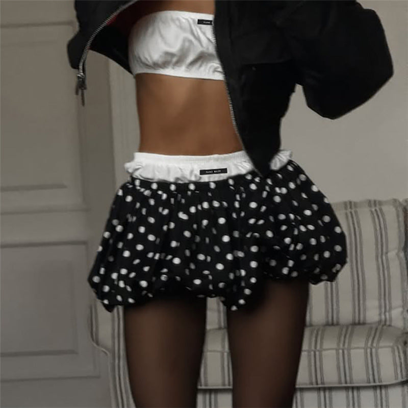 LADIES SHORT MINI SKIRT BLACK & WHITE POLKA (SIZE S - L)