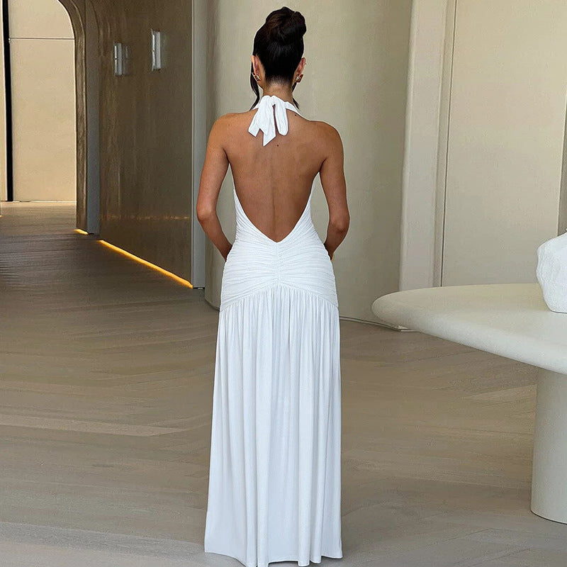 LADIES HALTERNECK LONG DRESS BLACK / WHITE / BROWN / WINE RED (SIZE S - L)