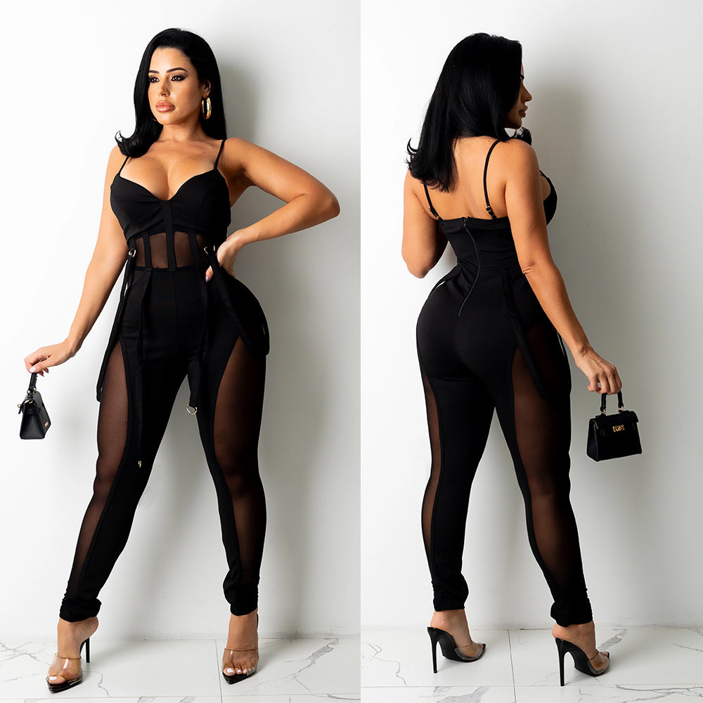 LADIES SEXY MESH JUMPSUIT BLACK / WHITE / APRICOT-BEIGE / DARK RED / BLUE (SIZE S - 2XL)