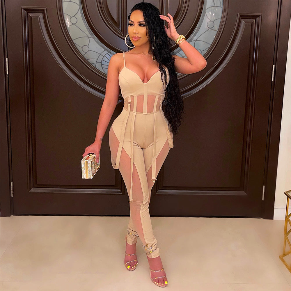 LADIES SEXY MESH JUMPSUIT BLACK / WHITE / APRICOT-BEIGE / DARK RED / BLUE (SIZE S - 2XL)