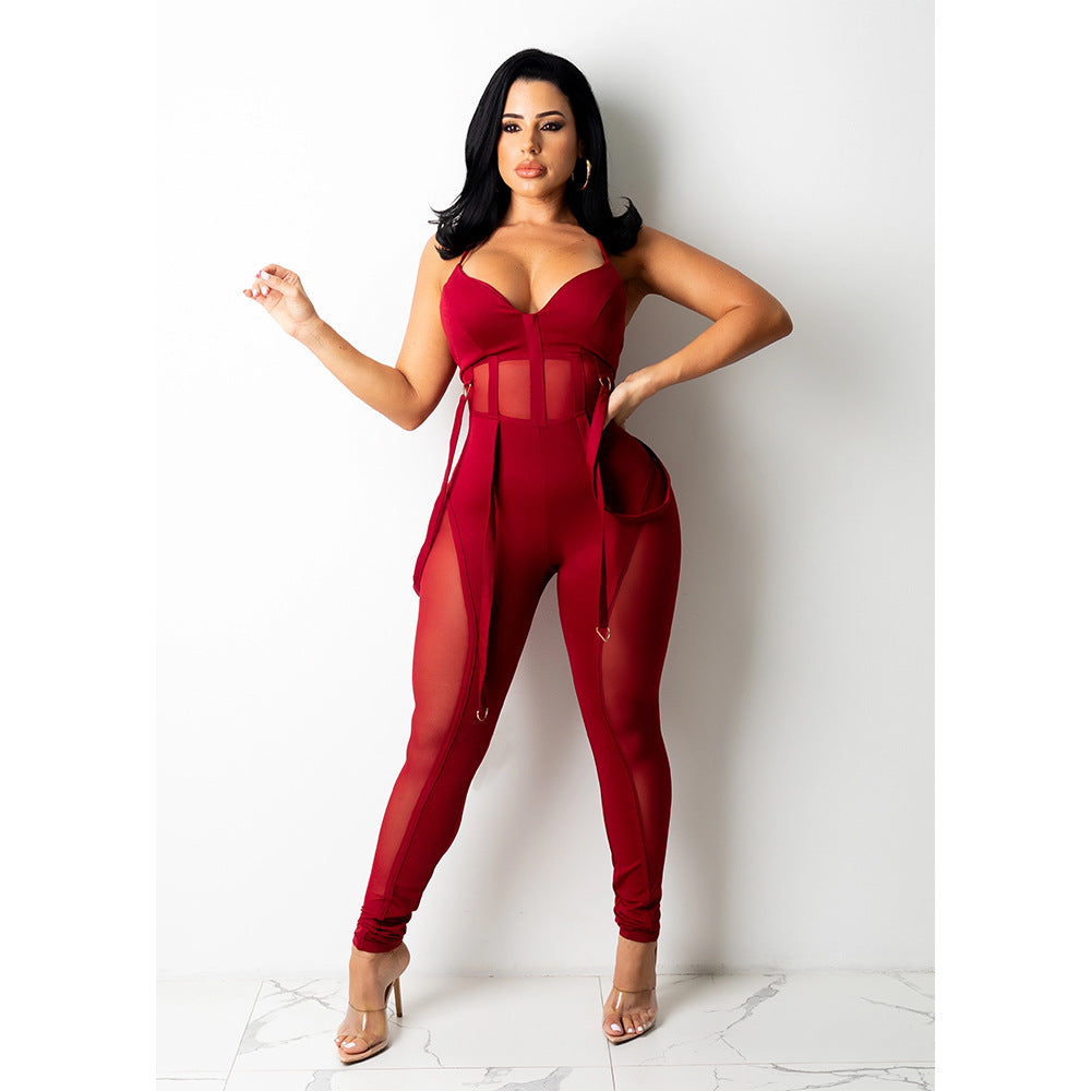 LADIES SEXY MESH JUMPSUIT BLACK / WHITE / APRICOT-BEIGE / DARK RED / BLUE (SIZE S - 2XL)