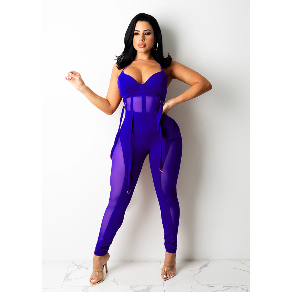 LADIES SEXY MESH JUMPSUIT BLACK / WHITE / APRICOT-BEIGE / DARK RED / BLUE (SIZE S - 2XL)