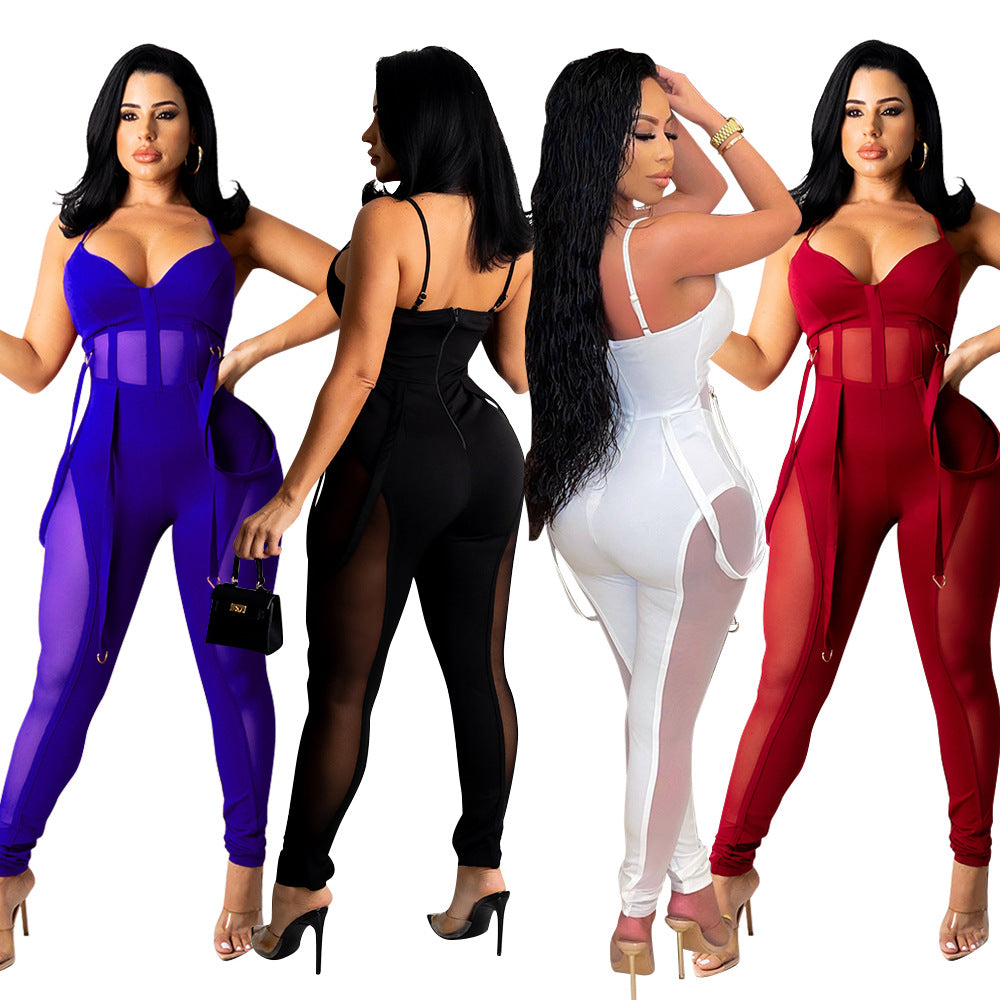 LADIES SEXY MESH JUMPSUIT BLACK / WHITE / APRICOT-BEIGE / DARK RED / BLUE (SIZE S - 2XL)