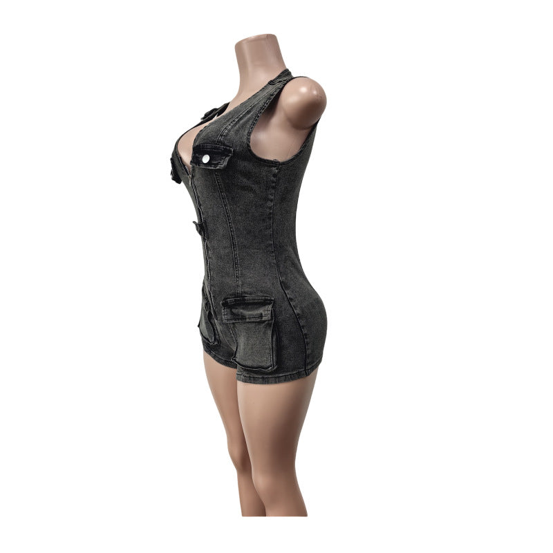 LADIES ONE PIECE JUMPSUIT ROMPER PLAYSUIT DENIM BLACK (SIZE S - 2XL)