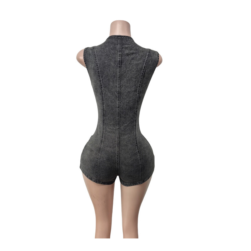 LADIES ONE PIECE JUMPSUIT ROMPER PLAYSUIT DENIM BLACK (SIZE S - 2XL)