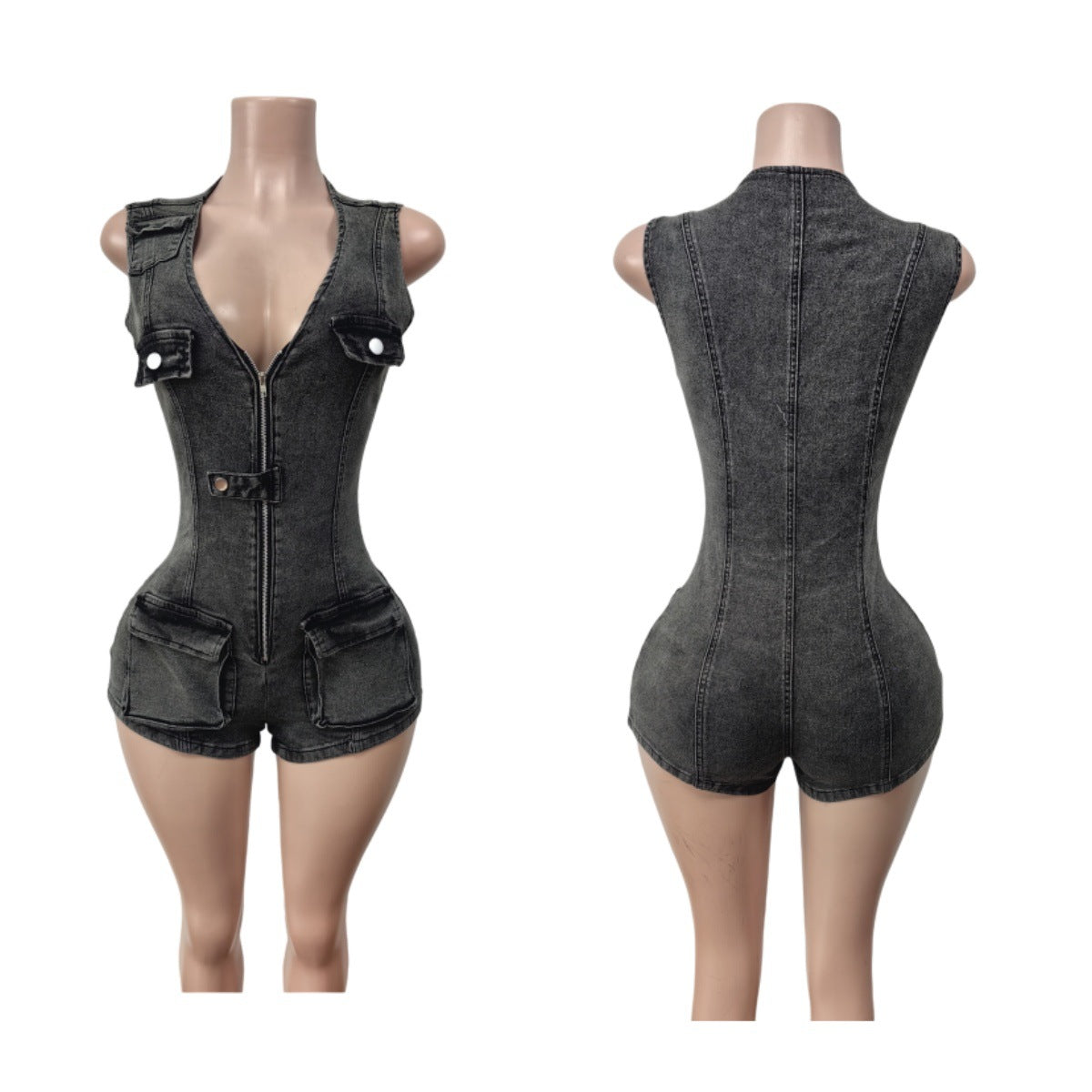 LADIES ONE PIECE JUMPSUIT ROMPER PLAYSUIT DENIM BLACK (SIZE S - 2XL)