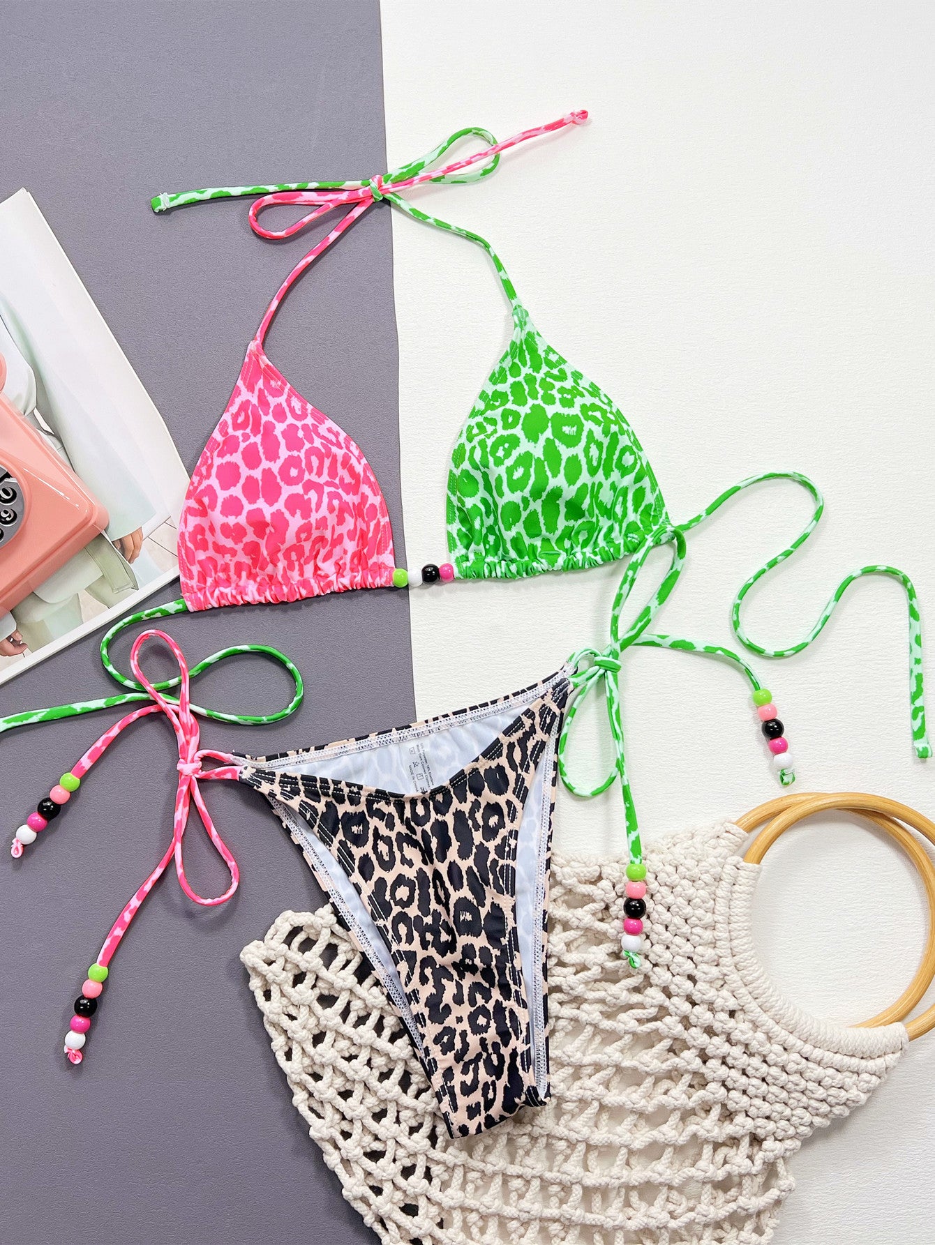 LADIES TWO PIECE BIKINI SWIMWEAR PINK LEOPARD MULTI (SIZE S - L)