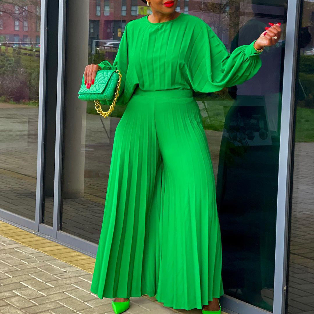 LADIES TWO PIECE WIDE LEG PANTS & TOP SET GREEN / YELLOW / WHITE / BLUE (SIZE S - 3XL)