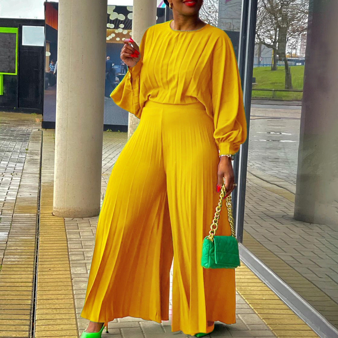 LADIES TWO PIECE WIDE LEG PANTS & TOP SET GREEN / YELLOW / WHITE / BLUE (SIZE S - 3XL)