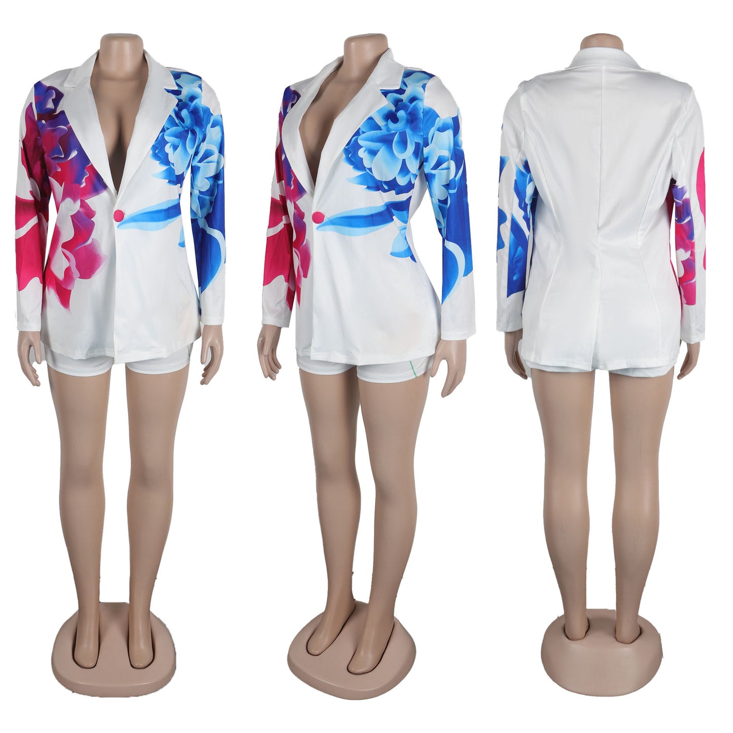 LADIES PRINTED BLAZER & SHORTS SET WHITE / GREEN (SIZE S - 3XL)