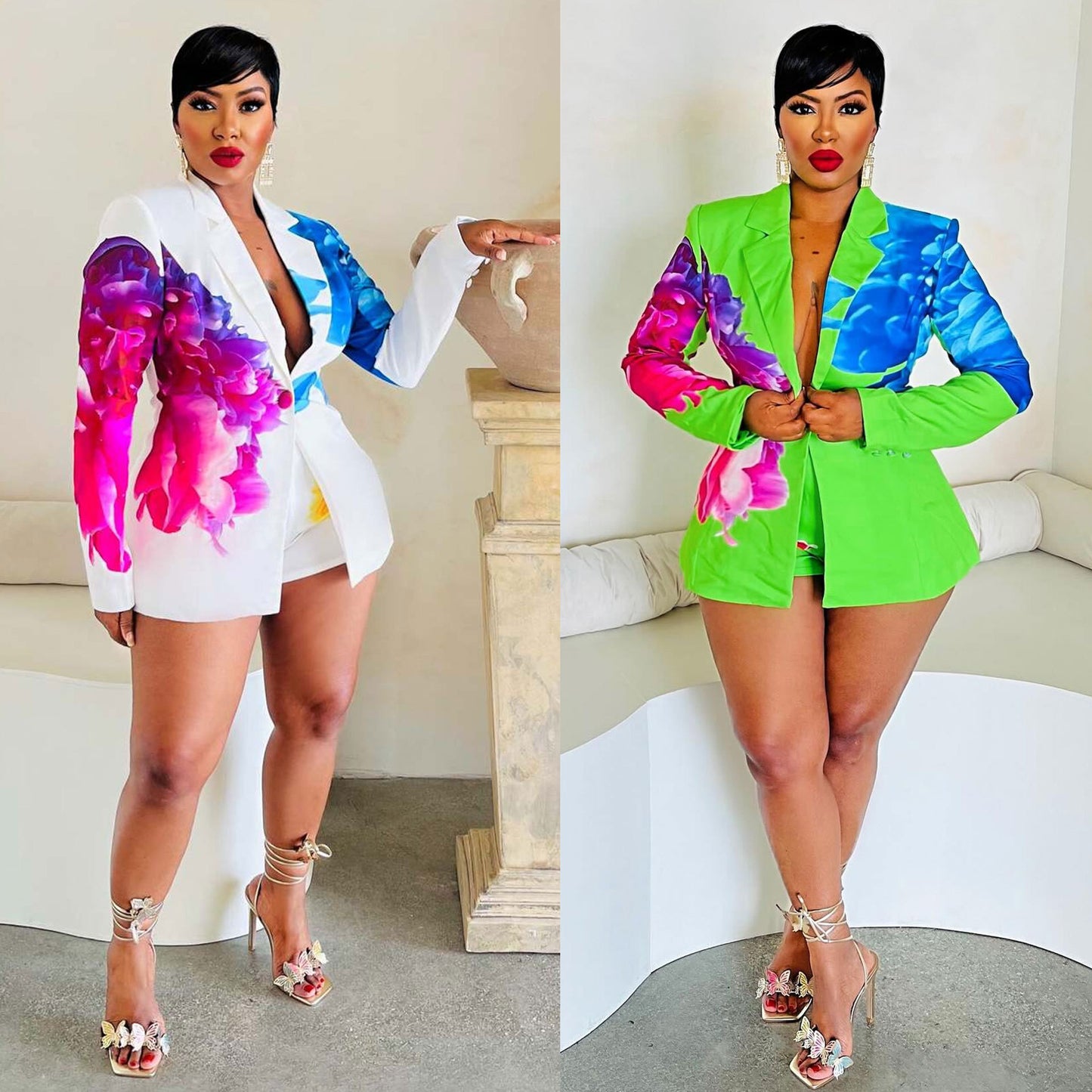 LADIES PRINTED BLAZER & SHORTS SET WHITE / GREEN (SIZE S - 3XL)