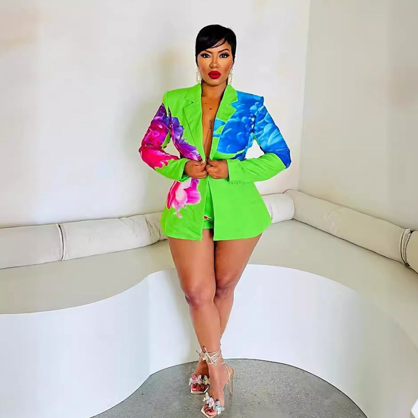 LADIES PRINTED BLAZER & SHORTS SET WHITE / GREEN (SIZE S - 3XL)