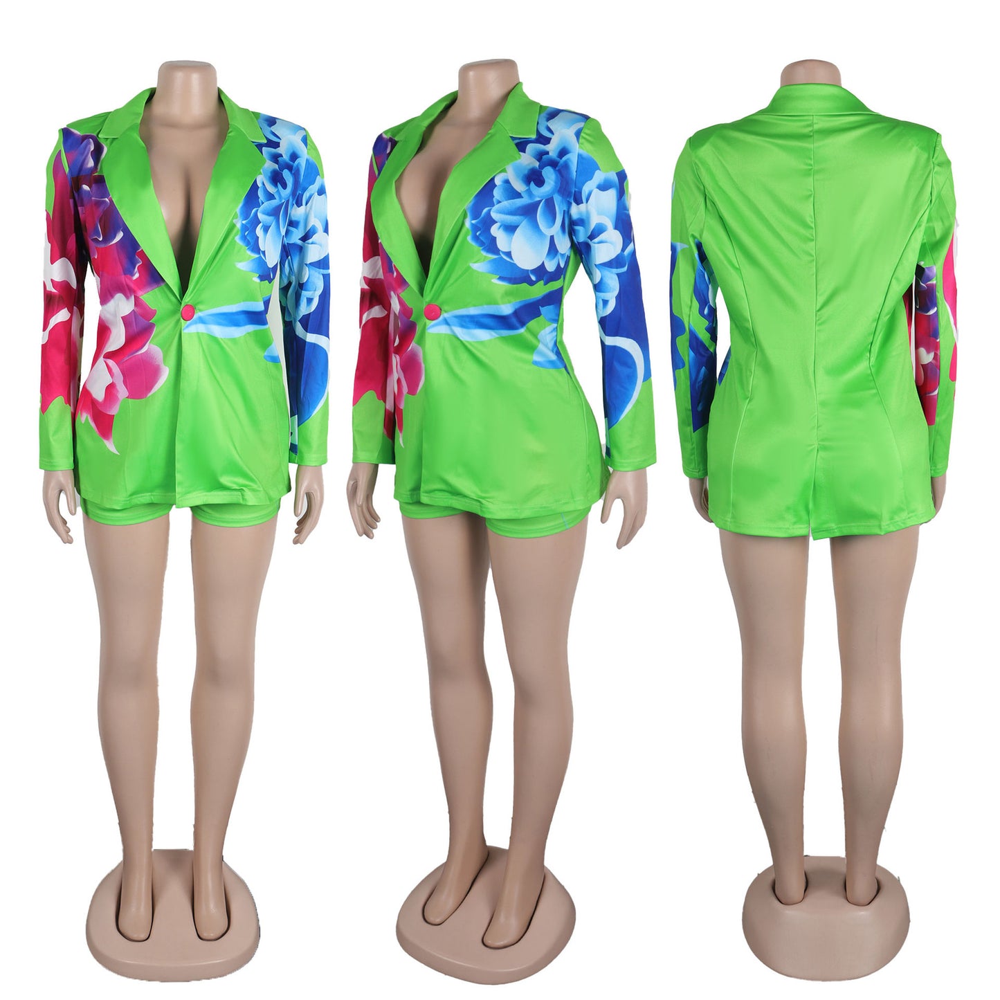 LADIES PRINTED BLAZER & SHORTS SET WHITE / GREEN (SIZE S - 3XL)