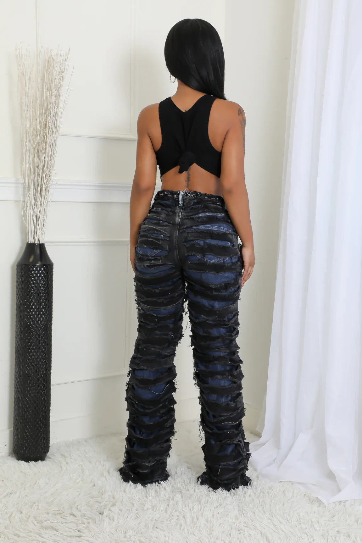 LADIES DISTRESSED DENIM PANTS DARK NAVY (SIZE S - 2XL)