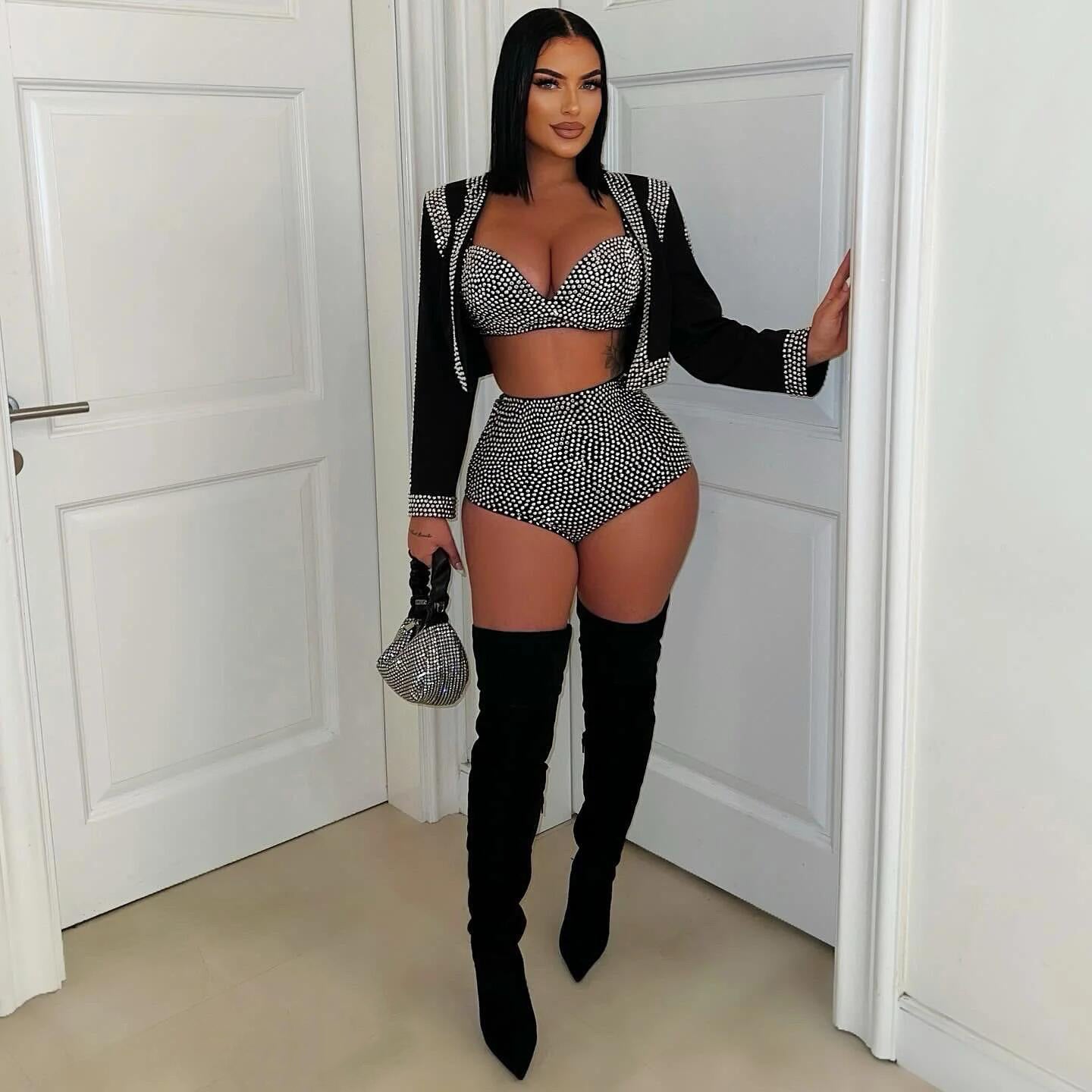 LADIES THREE PIECE SHORTS SET BLACK (SIZE S - 3XL)