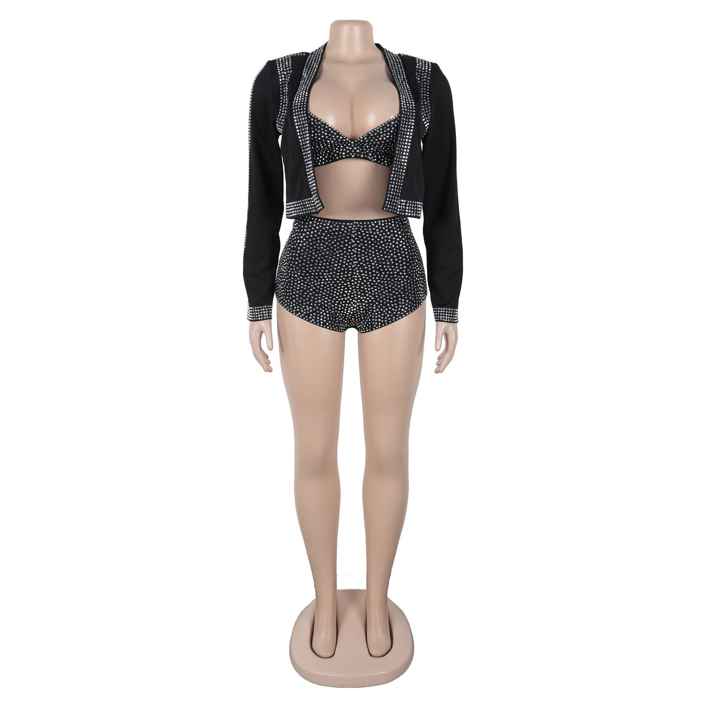 LADIES THREE PIECE SHORTS SET BLACK (SIZE S - 3XL)