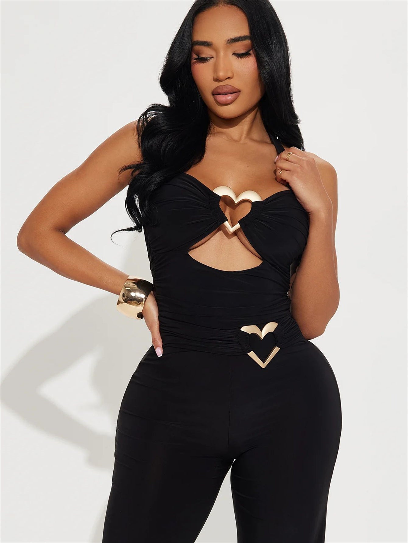 LADIES HALTERNECK JUMPSUIT BLACK / RED (SIZE S - L)