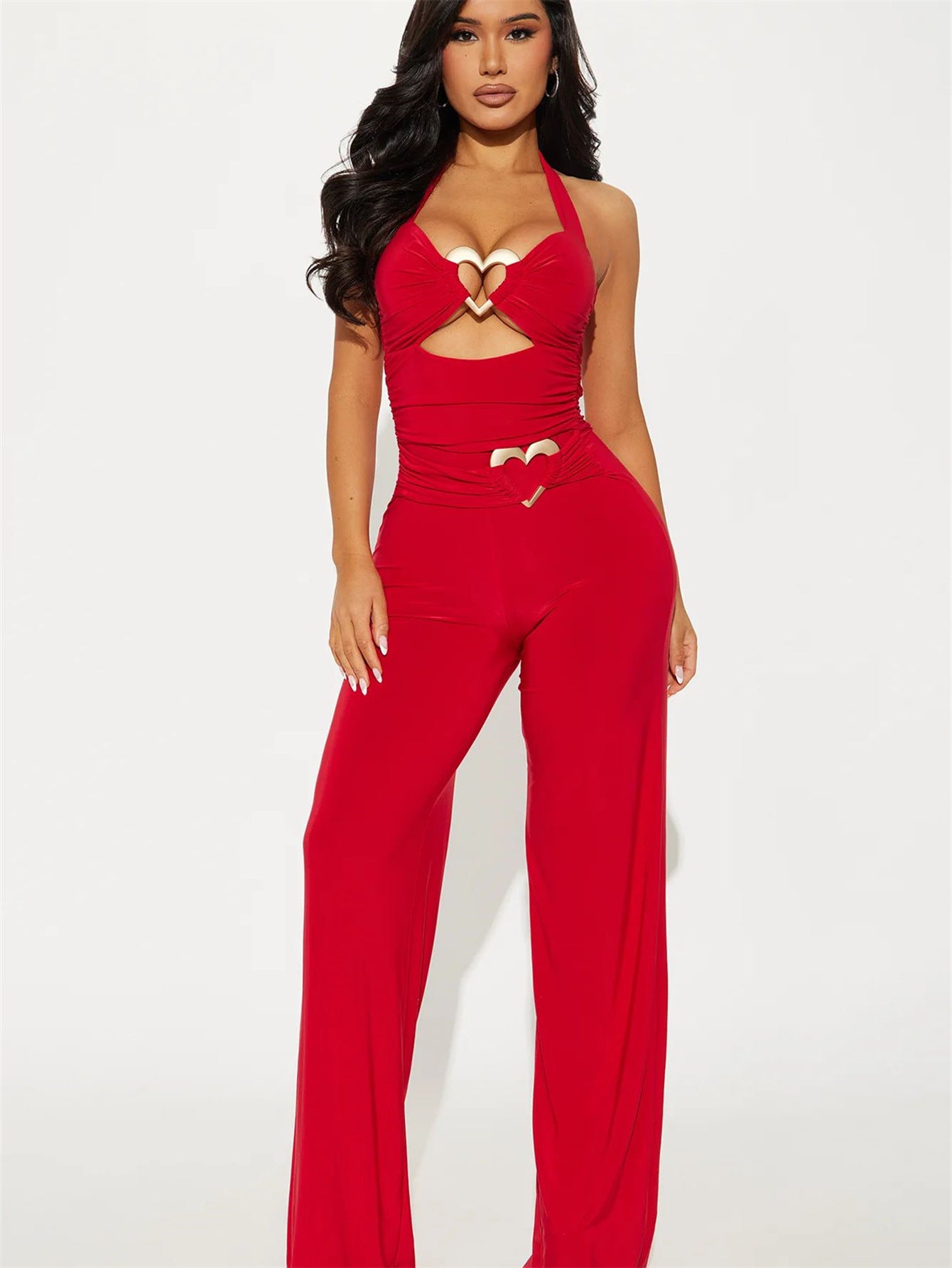 LADIES HALTERNECK JUMPSUIT BLACK / RED (SIZE S - L)