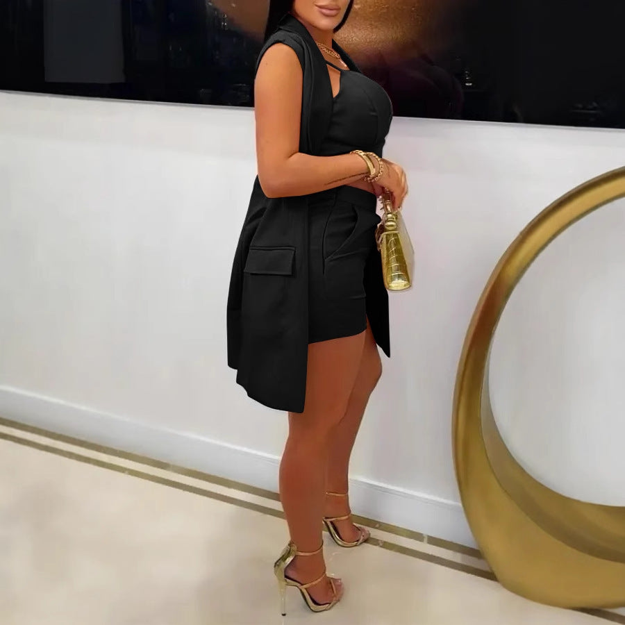 LADIES THREE PIECE SHORTS SET BLACK / WHITE / PINK (SIZE S - 3XL)