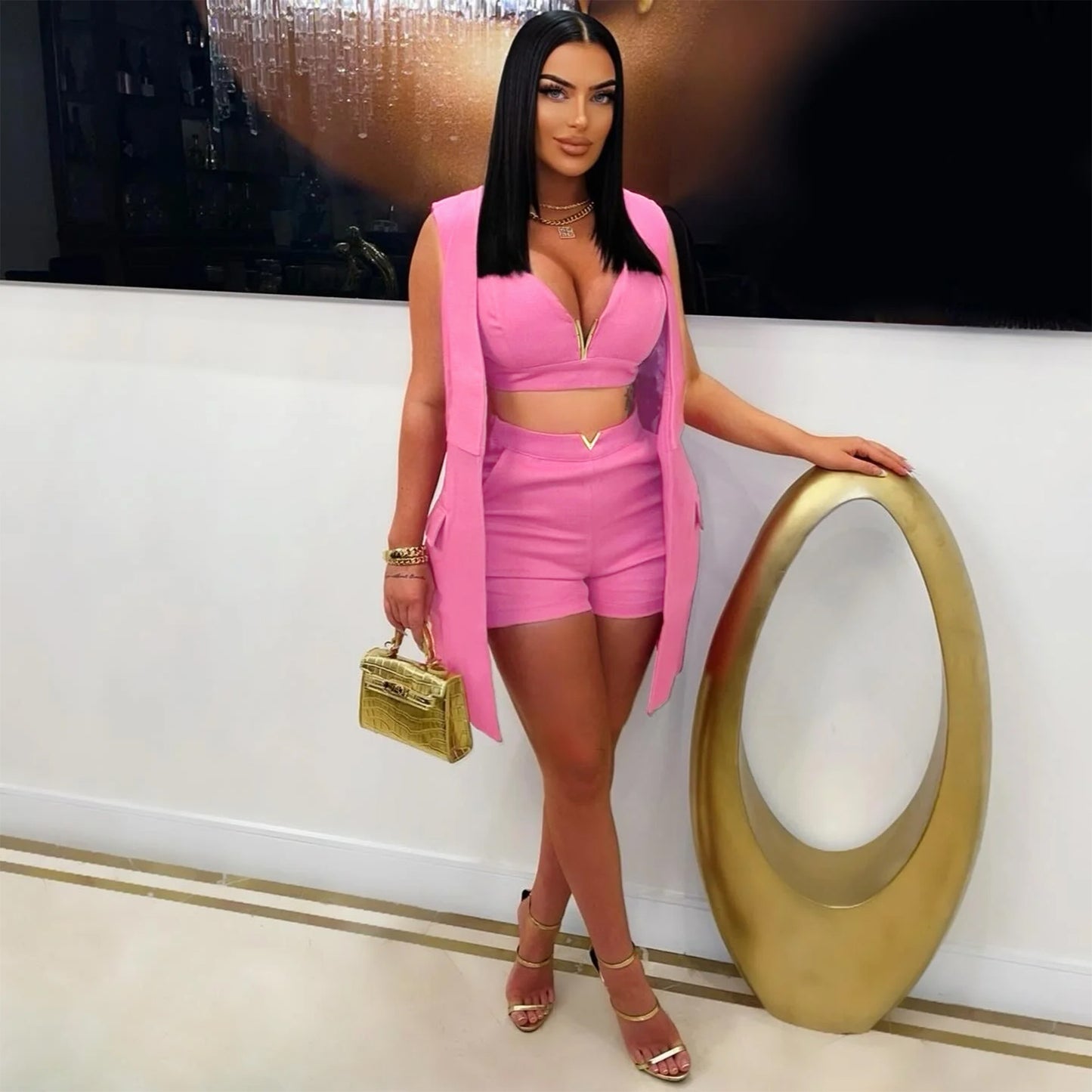 LADIES THREE PIECE SHORTS SET BLACK / WHITE / PINK (SIZE S - 3XL)