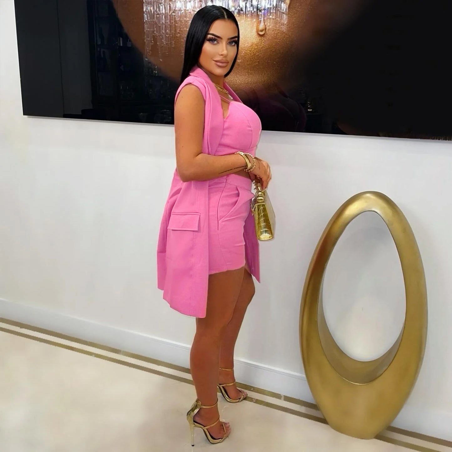 LADIES THREE PIECE SHORTS SET BLACK / WHITE / PINK (SIZE S - 3XL)