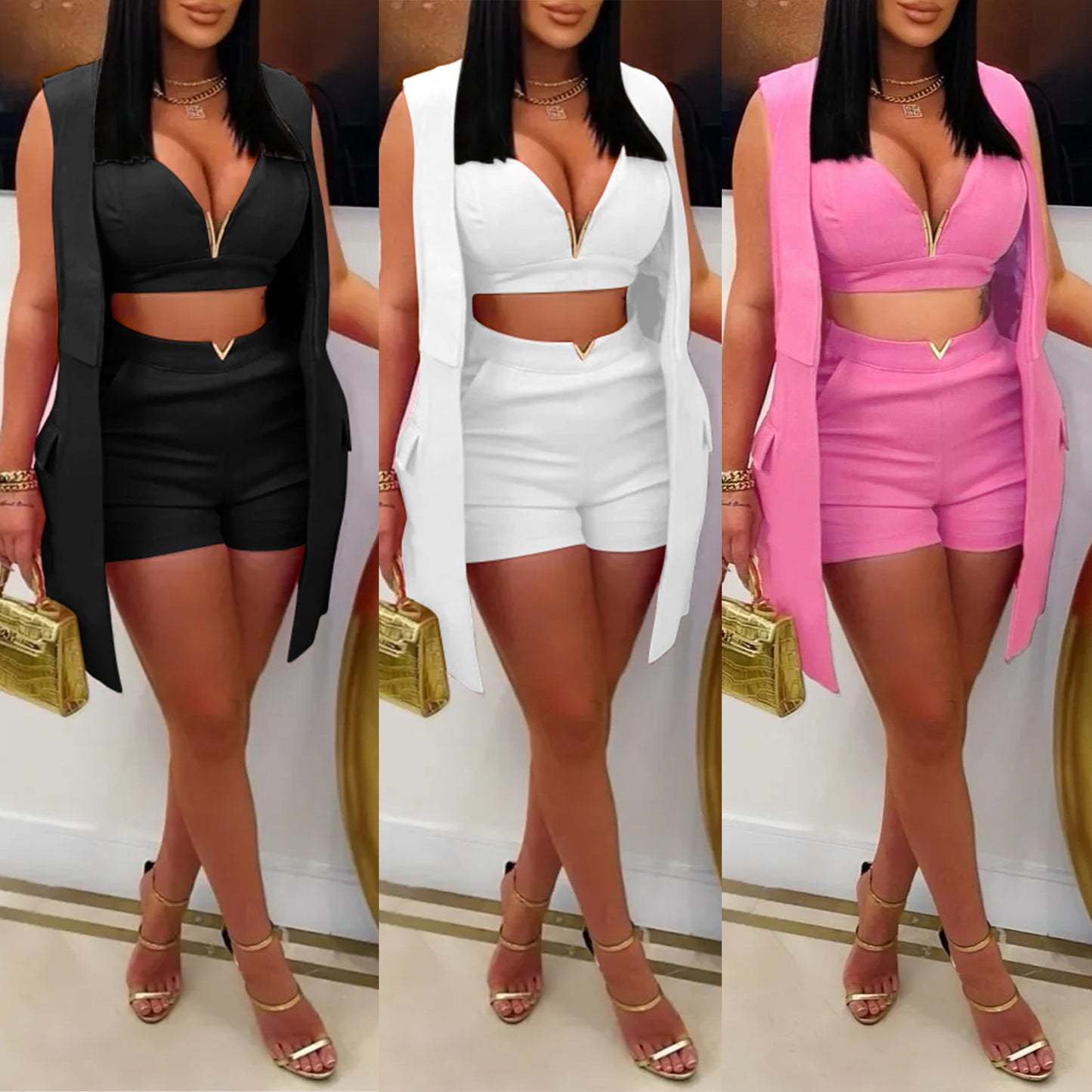 LADIES THREE PIECE SHORTS SET BLACK / WHITE / PINK (SIZE S - 3XL)