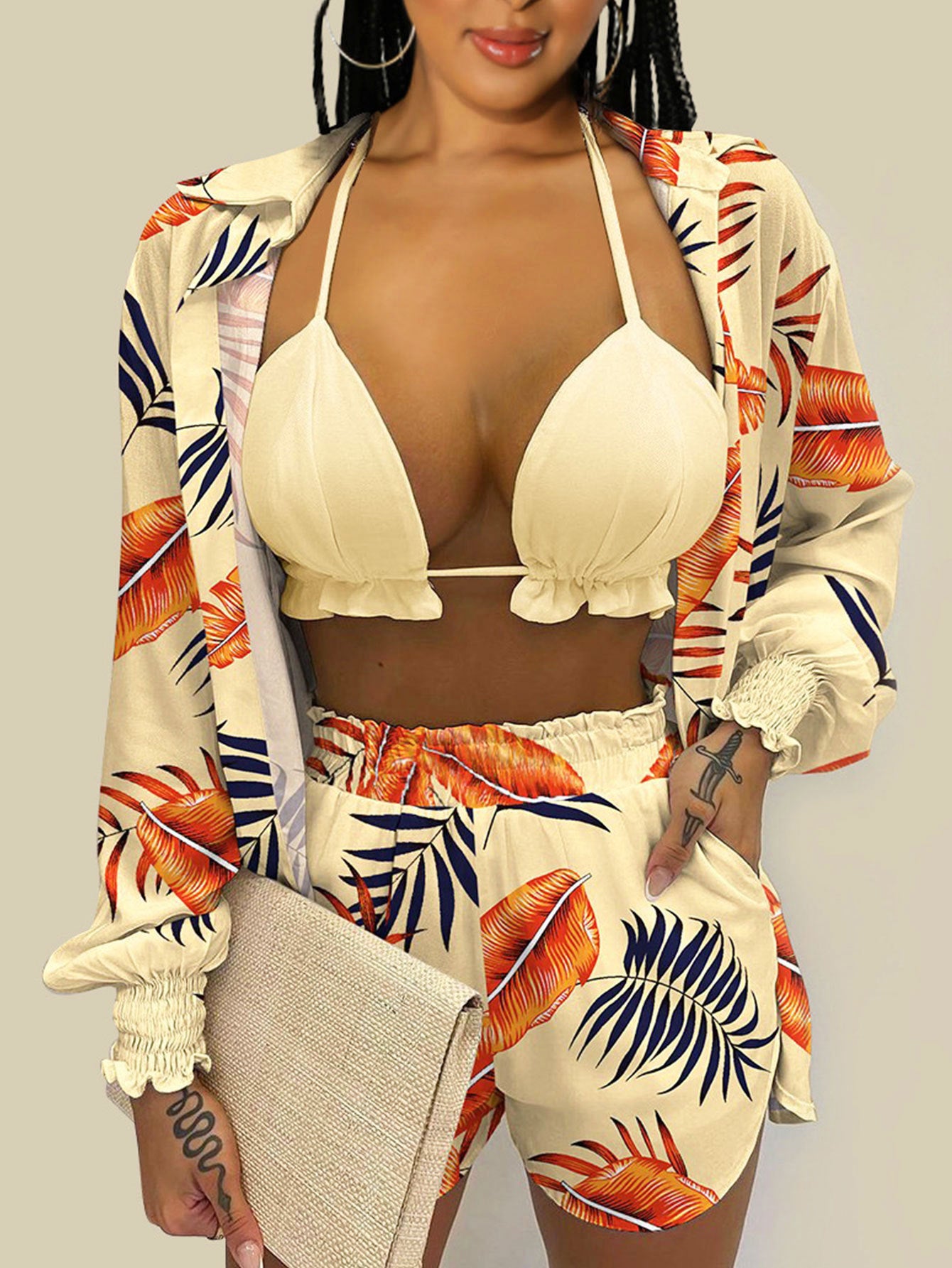 LADIES THREE PIECE SWIMWEAR COVER UP & SHORTS SET LIGHT YELLOW-KHAKI (SIZE S - 2XL)